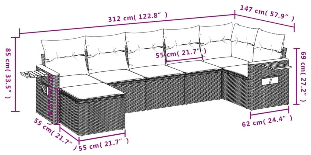 7 pcs conjunto de sofás p/ jardim c/ almofadões vime PE preto