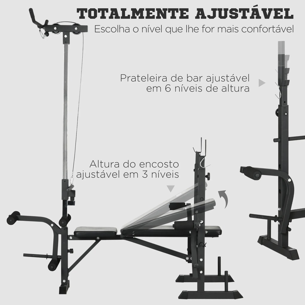 Banco de Pesos Multi Funcional Banco de Musculação Ajustável em 6 Posições 180x134x200cm (PESOS E BARRA NÁO INCLUIDA) Prata e Preto