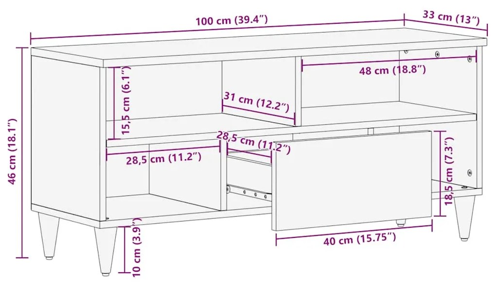 Móvel de TV 100x33x46 cm madeira de mangueira maciça preto