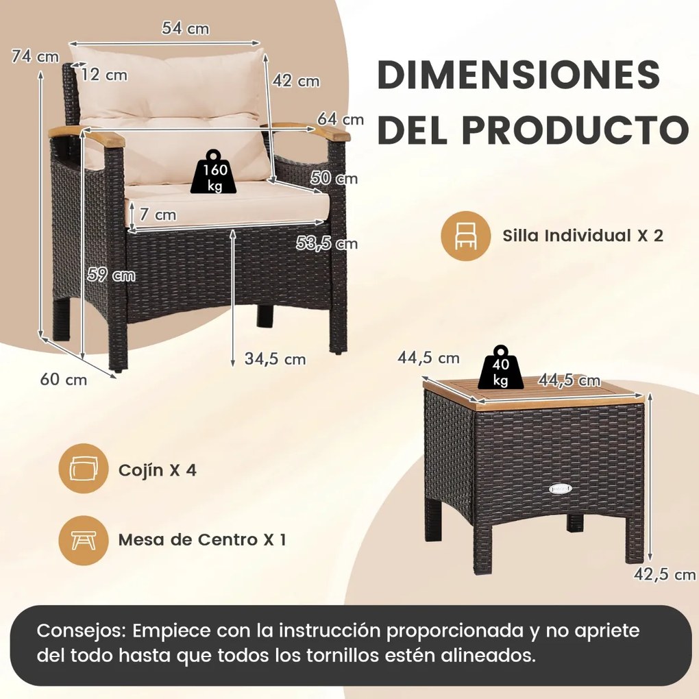 Conjunto de jardim de 3 peças com mesa de café Almofada amovível Apoio de braços em madeira de acácia para jardim Piscina Castanho