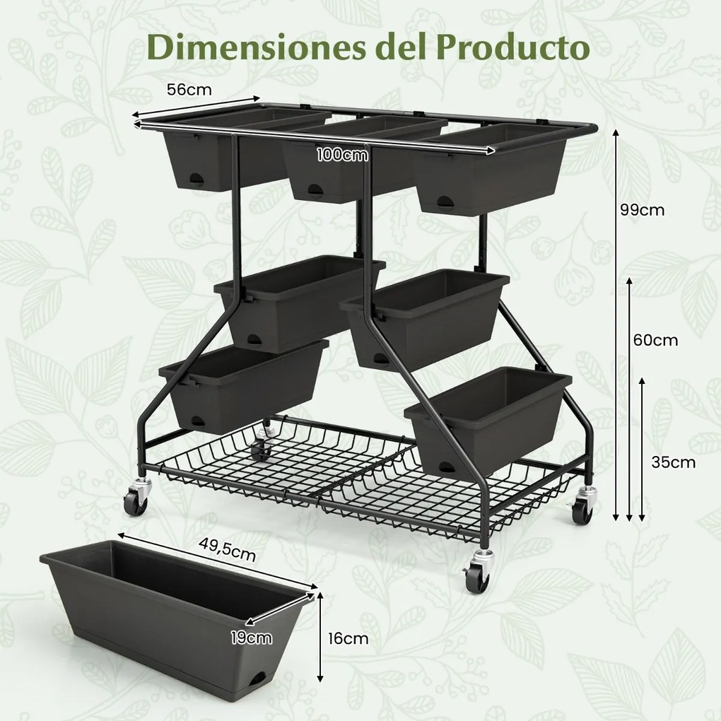 Floreira elevada com rodas 7 caixas de plantação Cestos de arrumação 100 x 56 x 99 cm Preto