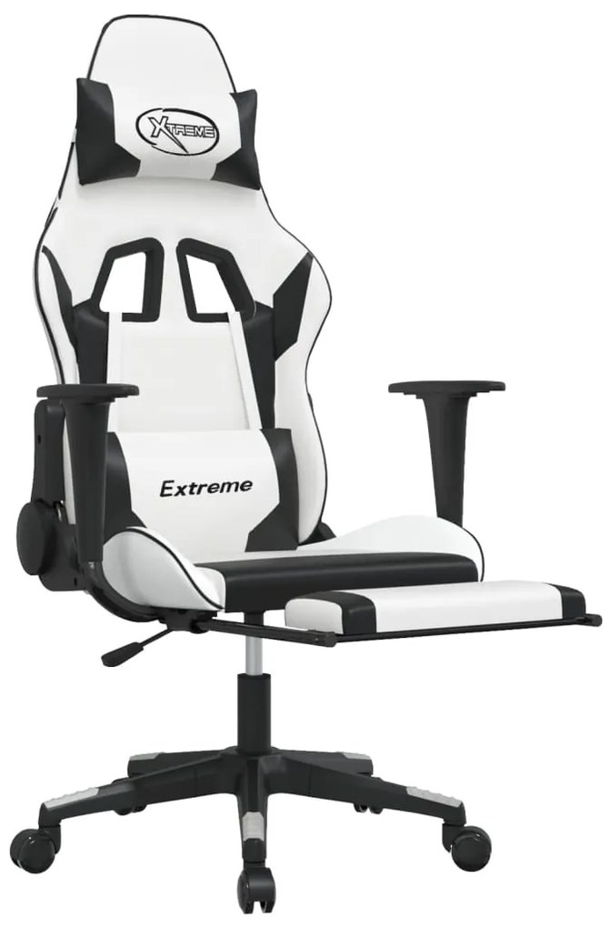 Cadeira gaming c/ apoio p/ pés couro artificial preto e branco