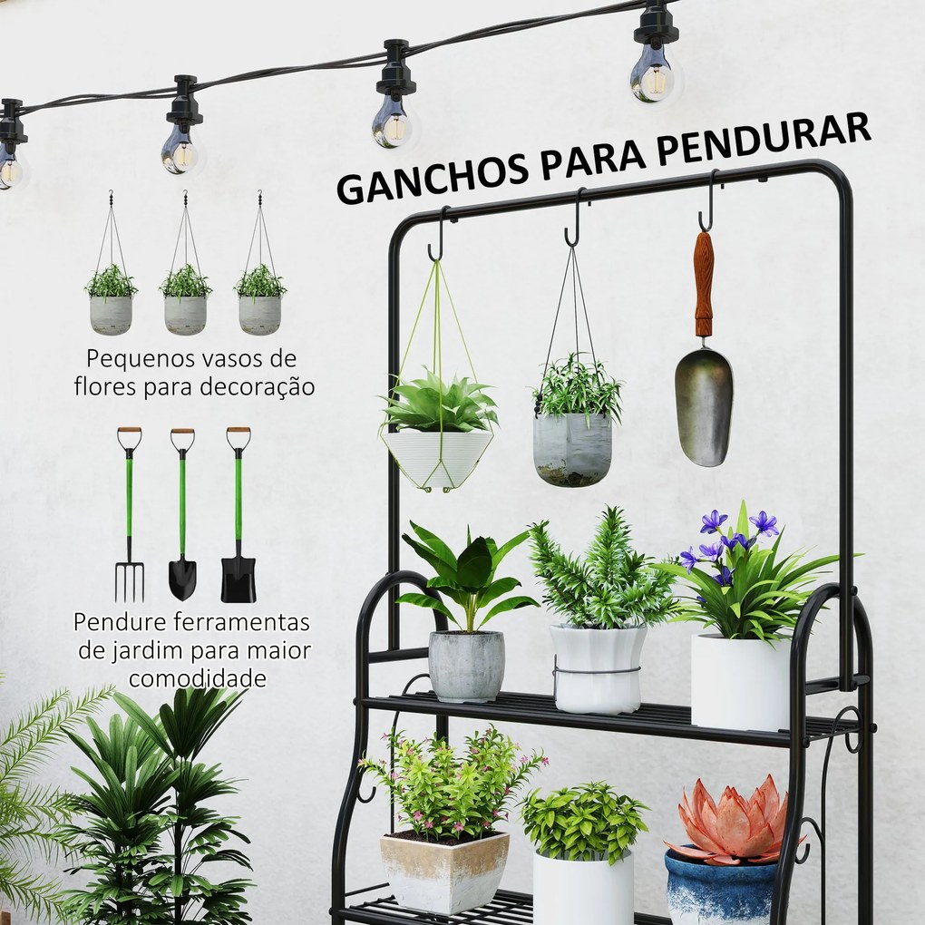 Suporte para Plantas de 3 Níveis Suporte para Vasos de Plantas com Ganchos de Metal Barra para Pendurar 75x25x137 cm Preto