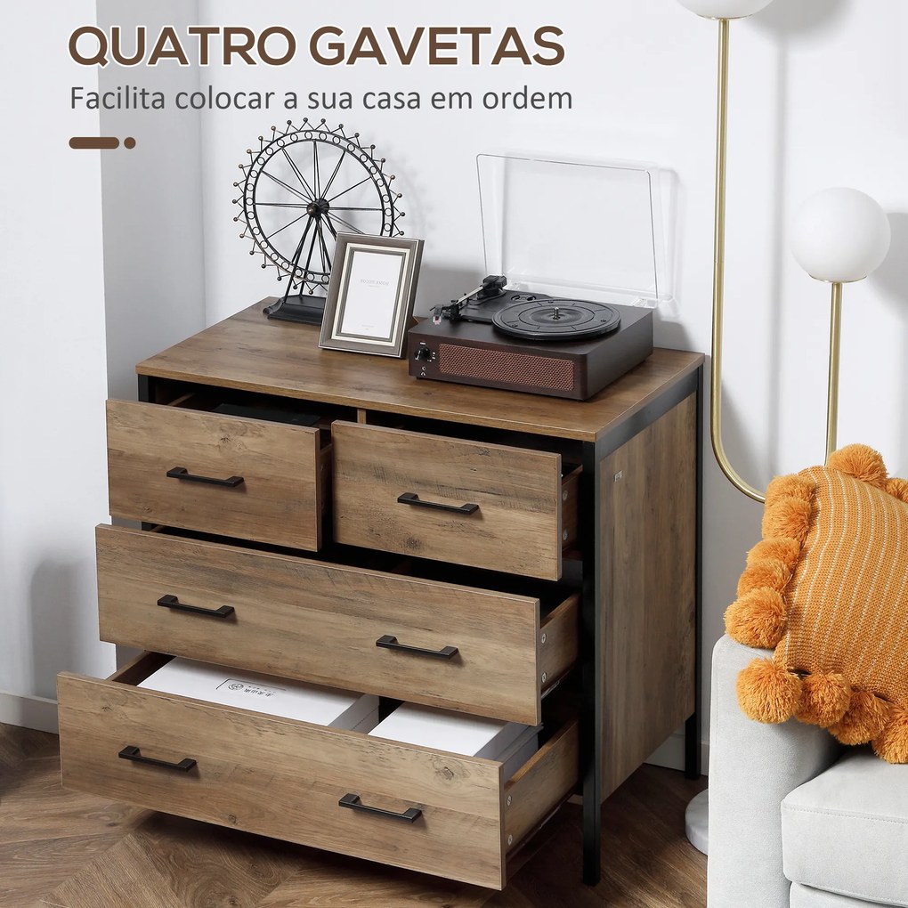 HOMCOM Cómoda com 4 Gavetas Cómoda de Madeira para Dormitório Móvel de Armazenamento Estilo Industrial para Escritório Dormitório Anti-Tombo 80x40x75cm Marrom e Preto