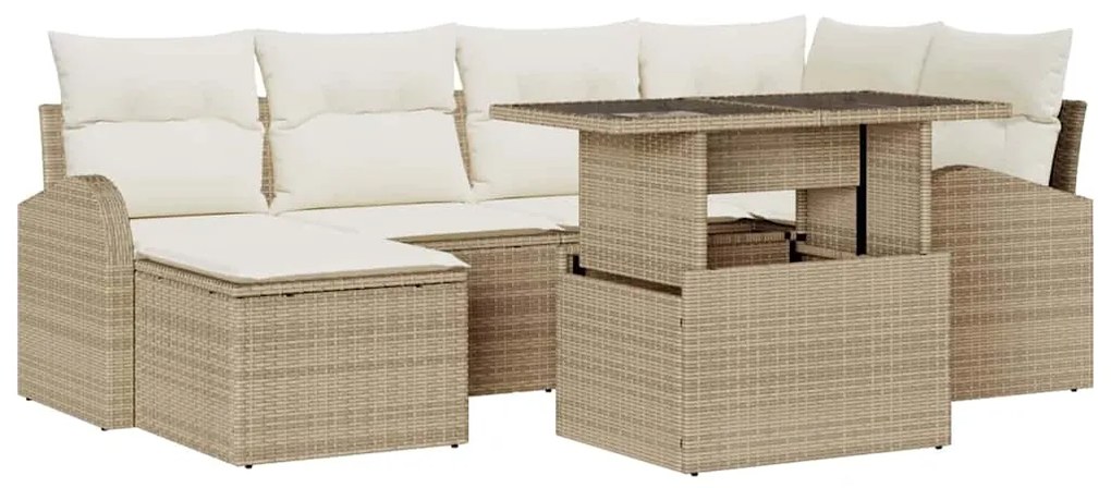 Conjunto de Sofá de Jardim com 7 Peças e Almofadas Bege de Rattan Poly