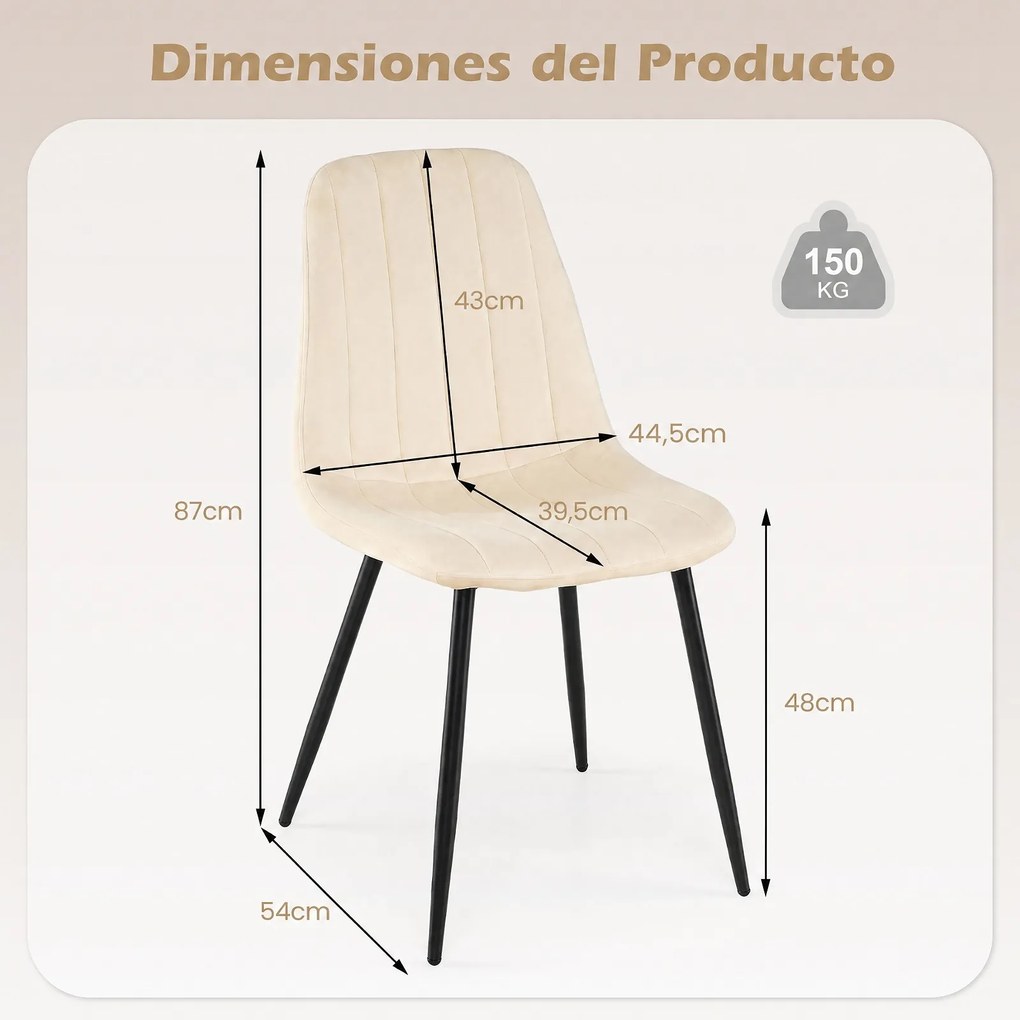 Conjunto de 4 Cadeiras de Sala de Jantar (MESA NÃO INCLUIDA), 54 x 44,5 x 87 cm, Acolchoadas em Veludo, Bege