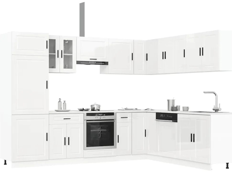 vidaXL 14 peças armário de cozinha conjunto Porto brilho branco