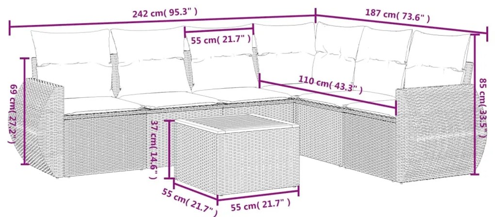 7 pcs conjunto de sofás p/ jardim c/ almofadões vime PE preto