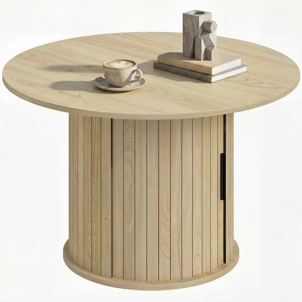 Mesa de centro redonda 80L x 80P x 50A cm, mesa de sala com espaço de arrumação, porta de correr com ripas, 2 prateleiras, efeito de madeira natural