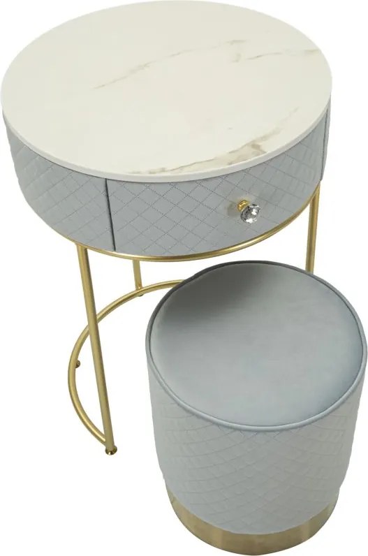 MESA DE CABECEIRA/TOCADOR COM PUFF Ø52X70 - Ø36X39 CM AZUL CLARO E DOURADO