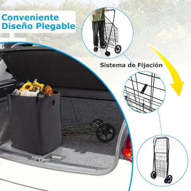 Carrinho de compras com forro de Oxford 120 L de metal dobrável Carrinho de supermercado portátil Carrinho de lavandaria Carga 40 kg 61 x 60 x 102 cm