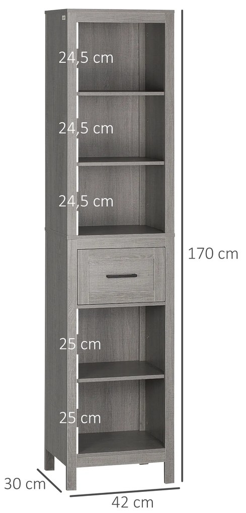 kleankin Coluna Casa de Banho com 1 Gaveta e Prateleiras Abertas Móvel Auxiliar de Armazenamento para Sala de Estar Dormitório Anti-Tombo 42x30x170cm Cinza