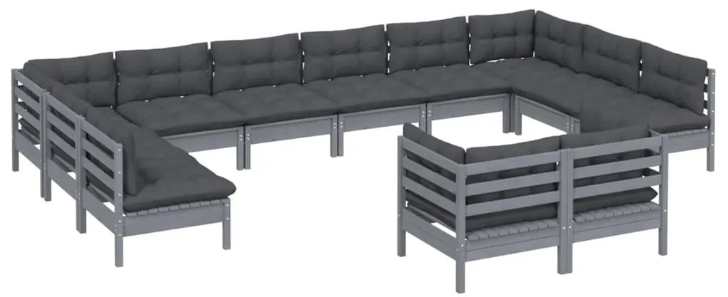 12pcs conjunto lounge de jardim + almofadões pinho maciço cinza