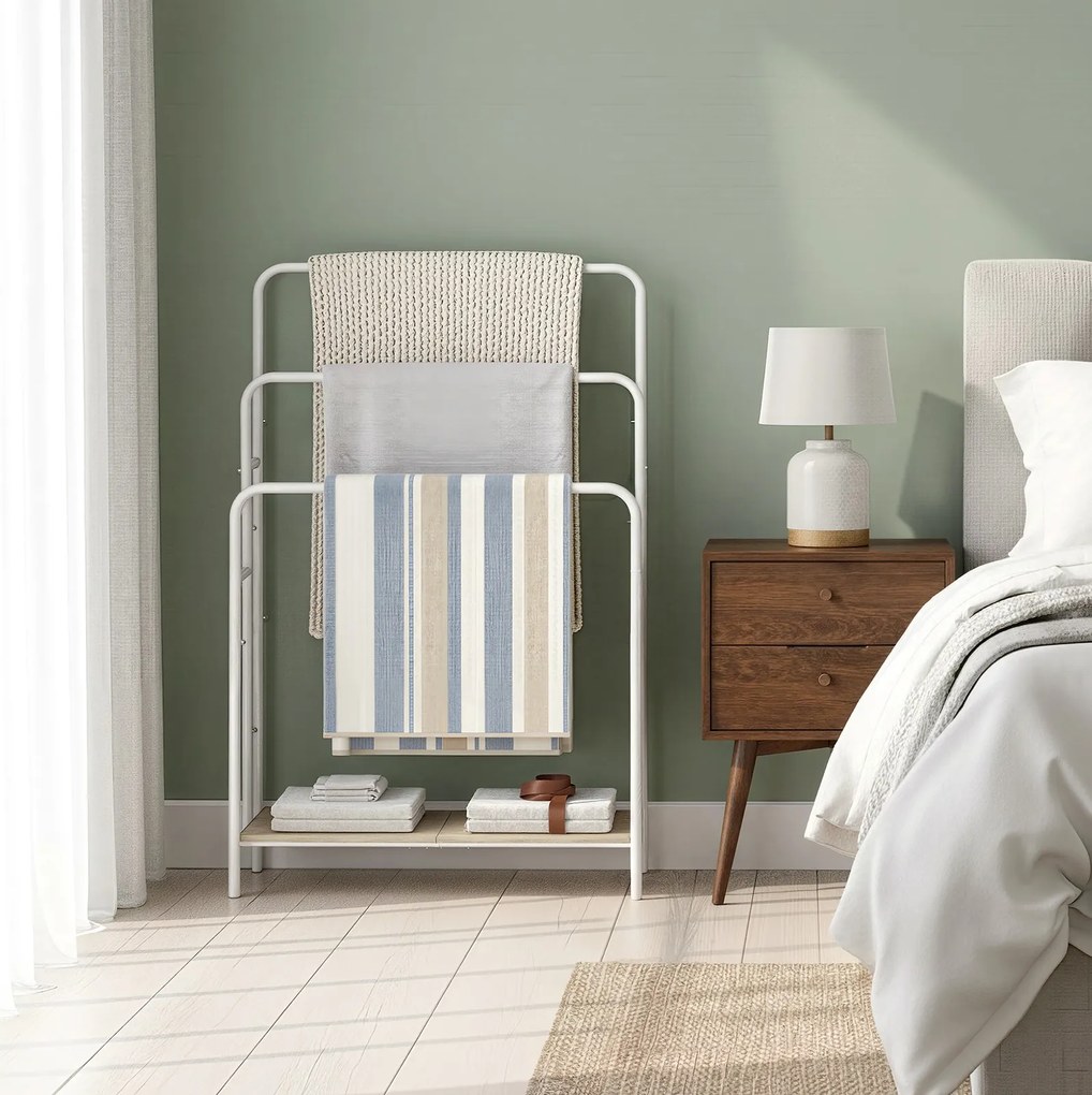 Toalheiro com 3 barras, suporte para toalhas com 2 ganchos 70 x 30 x 101 cm branco-bege