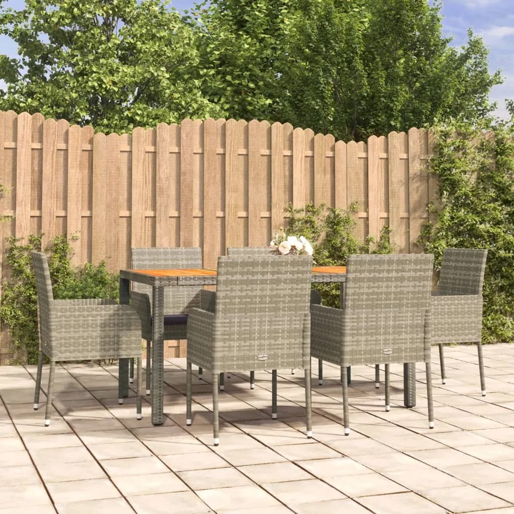 vidaXL 7 pcs conjunto de jantar p/ jardim c/ almofadões vime PE cinza