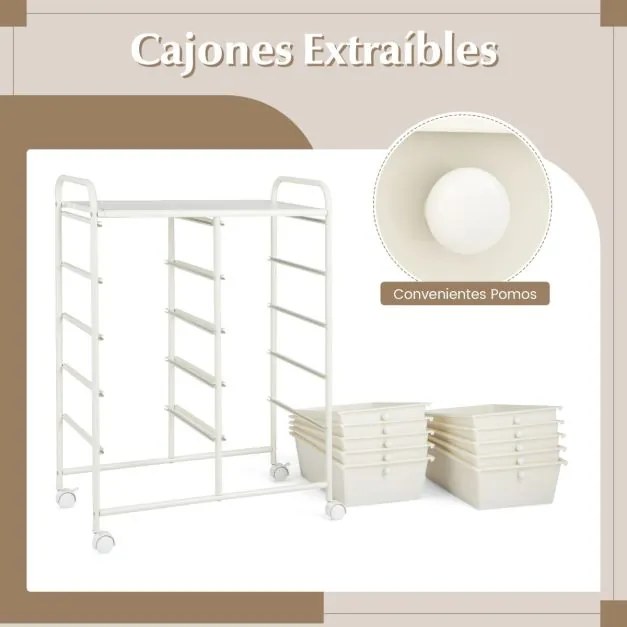 Carrinho móvel multiusos com 10 gavetas organizador multiusos com rodas 65,5 x 37 x 87 cm Branco