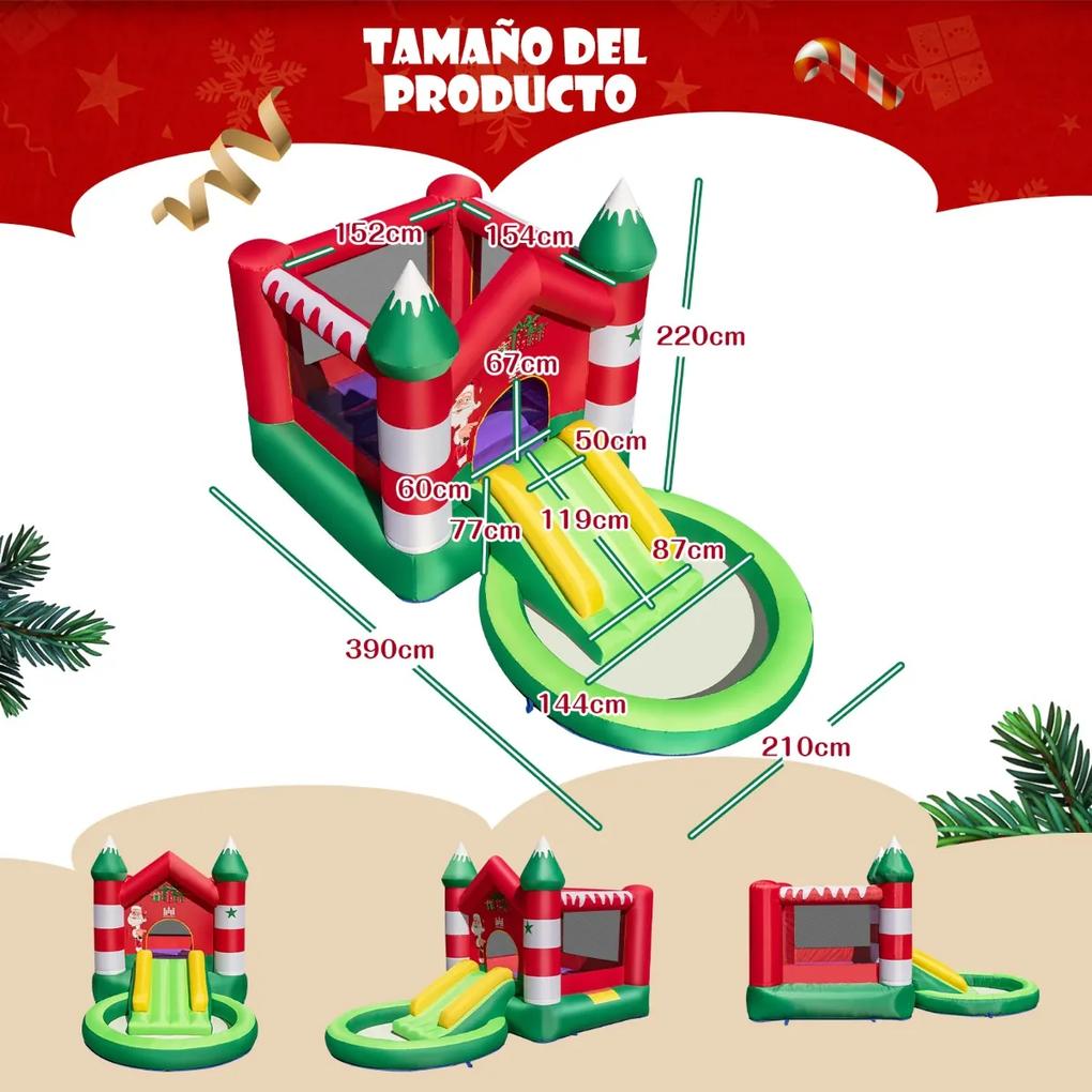 Castelo Insuflável Infantil com Escorrega Tema de Natal e Piscina de Bolas Sem Ventilador 390 x 210 x 220 cm Vermelho e Verde