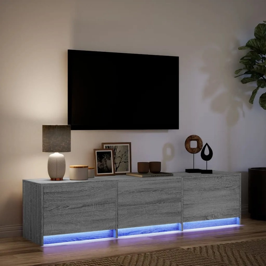 Móvel de TV com luzes LED derivados de madeira cinzento sonoma