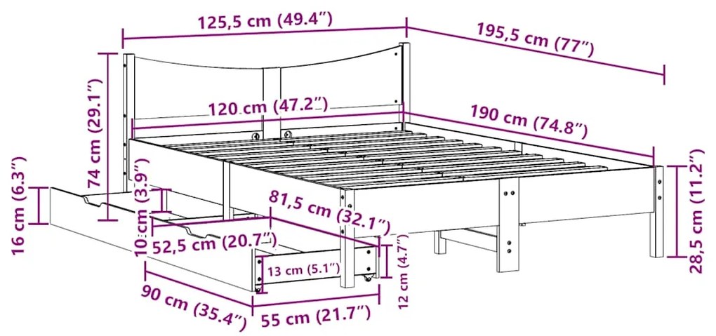 Estrutura cama c/ gavetas 120x190 cm pinho maciço castanho-mel