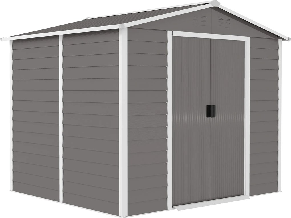Outsunny Abrigo de ferramentas em metal, resistente às intempéries &amp; inoxidável, trancável,  2,40 x 2,06 x 1,98 m, Cinza claro | Aosom Portugal