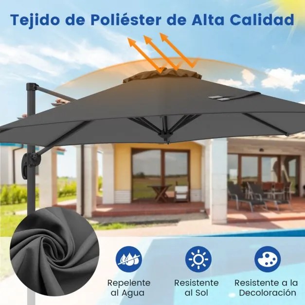 Guarda-sol redondo jardim 294 x 247 cm Guarda-sol suspenso com rotação de 360° Base cruzada 5 inclinações ajustáveis Cinzento