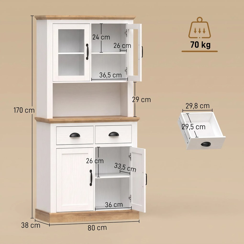 Armario Alto de Cozinha, 80 x 38 x 170 cm, Prateleiras Reguláveis, Branco