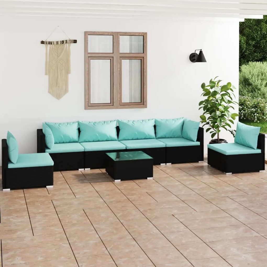 vidaXL 7 pcs conjunto lounge de jardim c/ almofadões vime PE preto