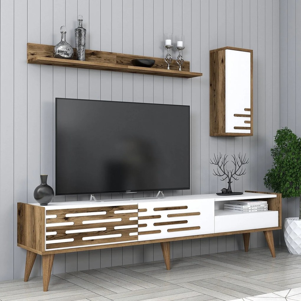 Móvel TV Valensiya – Nogueira e Branco – 180 cm x 35 cm x 45 cm