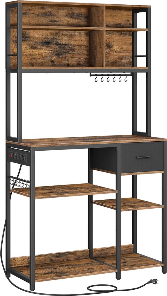 Armário de cozinha com tomadas e gaveta em tecido 40 x 100 x 180,4 cm Preto e castanho-rustico