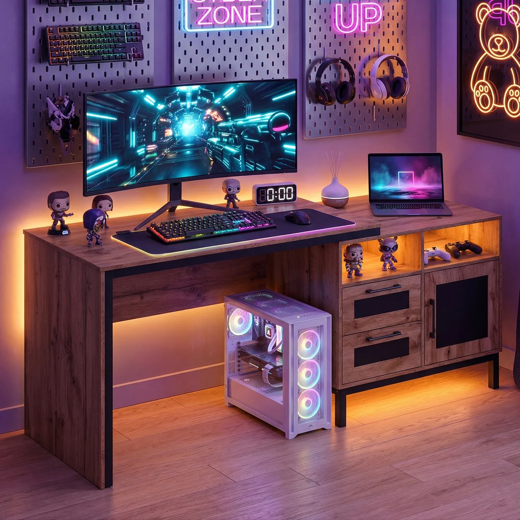Secretária de escritório com ampla superfície de trabalho 181 x 60 x 76 cm, compartimentos abertos, gavetas e armário com 1 porta, cor natural