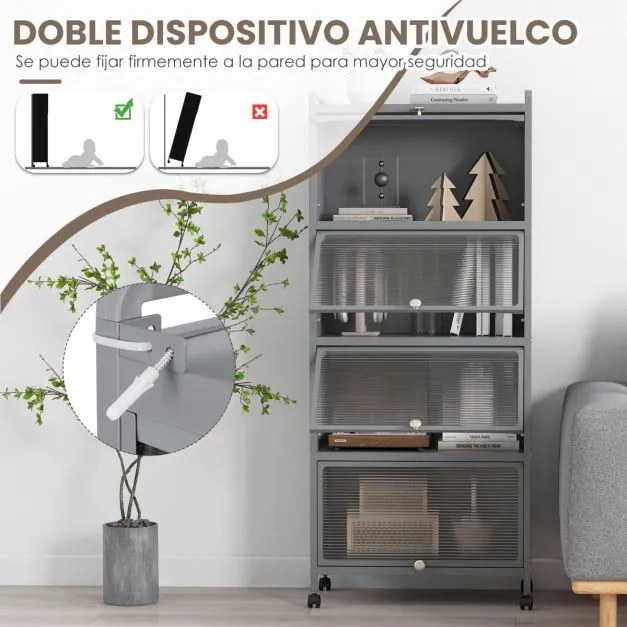 Armario de cozinha de 5 níveis sobre rodas Estante de cozinha de 5 níveis com portas articuladas 60 x 32 x 154 cm Cinzento
