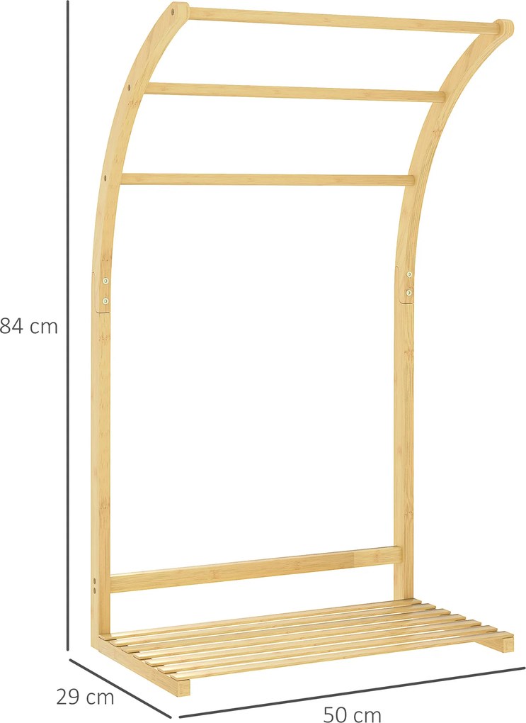 Toalheiro de bambu 50 (L) x 29 (P) x 84 (A) cm com 3 barras e prateleira de arrumação, para a casa de banho e a lavandaria, acabamento natural