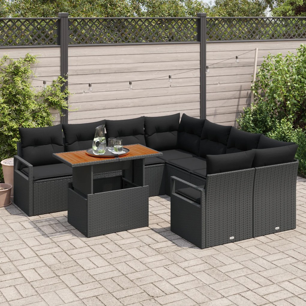 Conjunto de Sofá de Jardim de 9 Peças com Almofadas Preto de Vime Poli