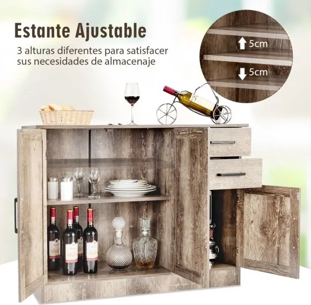 Aparador com 2 gavetas 3 portas 1 Estante ajustável Aparador para cozinha, sala de jantar Sala de estar Hall de entrada 110 x 40 x 78 cm Cinzento