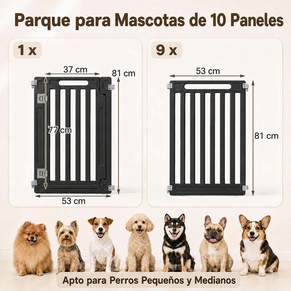 Recinto para Cães com 9 Painéis Modulares, 53 x 81 cm, Utilização no Interior e Exterior, Preto