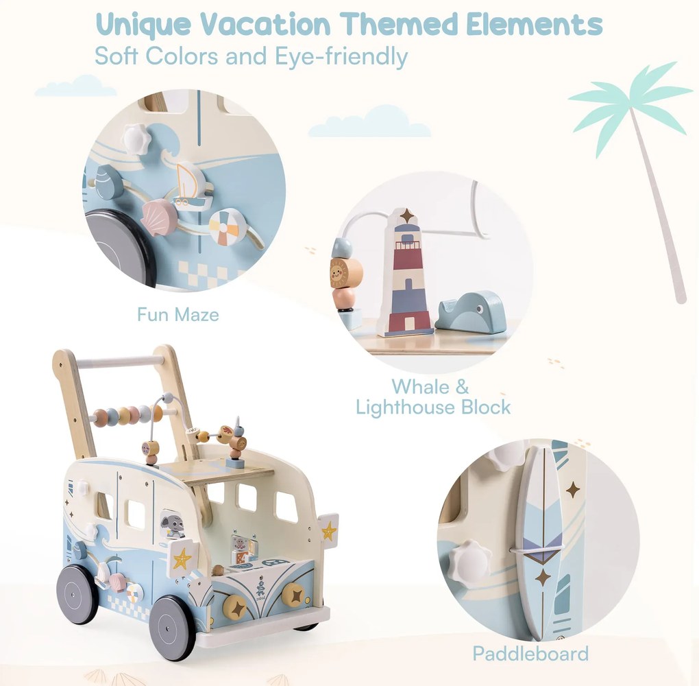 Andador de madeira para bebés - Vacaction Bus Com Centro Atividades Azul