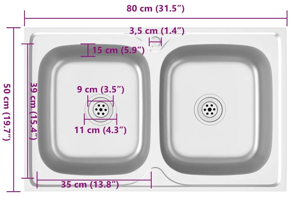 Lava-louça cozinha + cuba dupla 800x500x155mm aço inox prateado