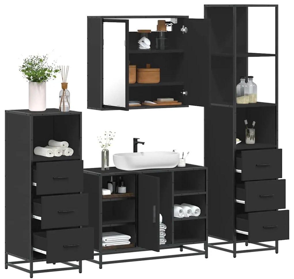 vidaXL 4 pcs conjunto móveis casa de banho derivados de madeira preto