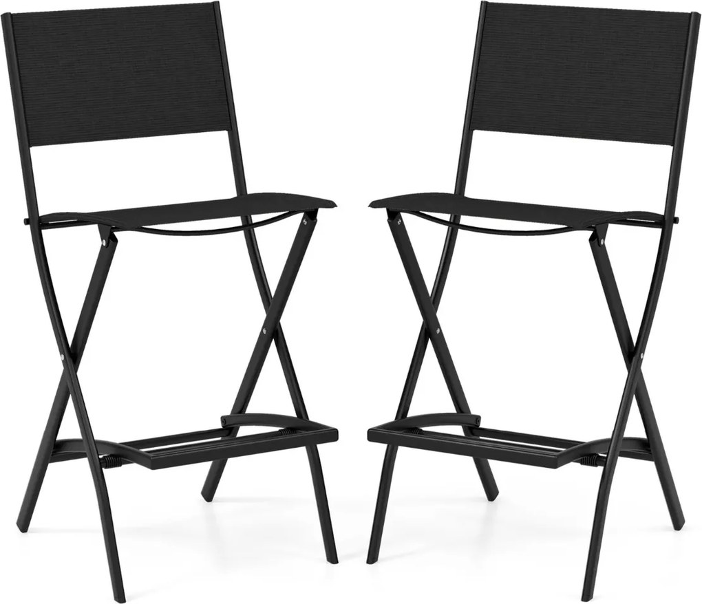 Conjunto de 2 bancos Bar dobráveis para varanda, jardim e piscina com estrutura metálica e apoio para os pés Carga de 150 kg 46 x 57 x 102 cm Preto