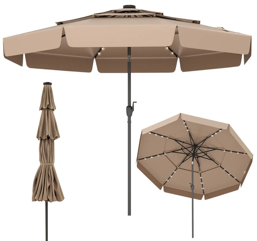 Guarda-sol solar de 300 cm com 32 luzes LED, parte superior ventilada com 3 níveis e ajuste de inclinação - castanho