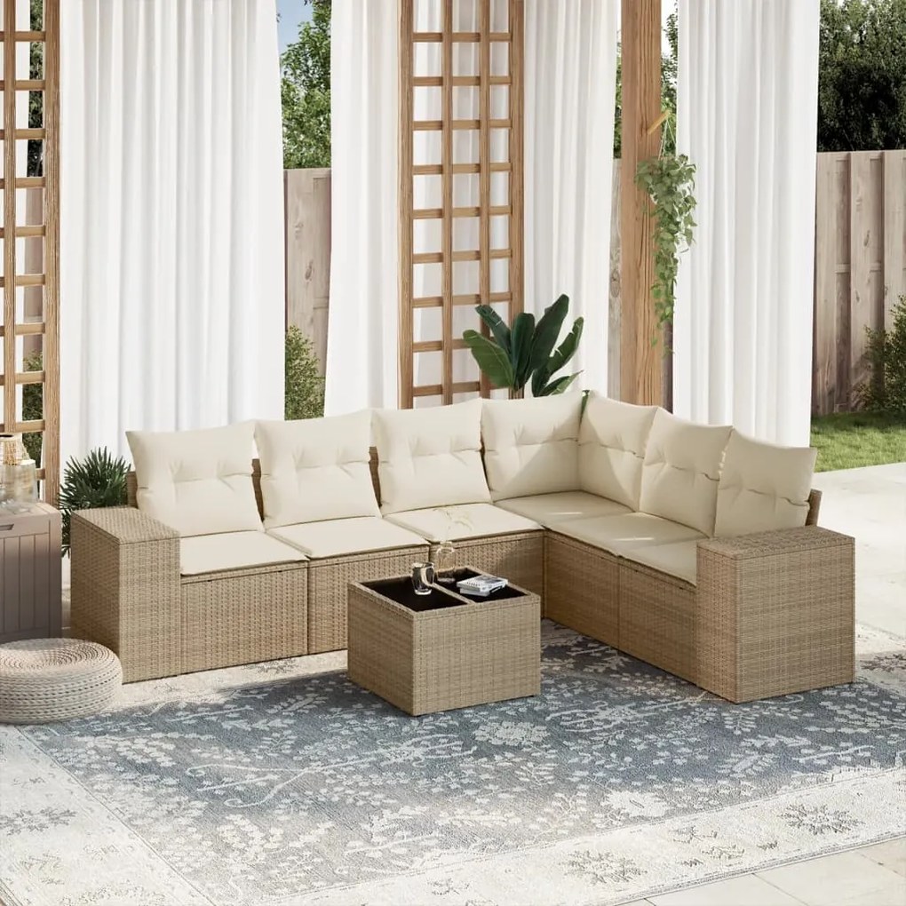 7 pcs conjunto de sofás p/ jardim com almofadões vime PE bege