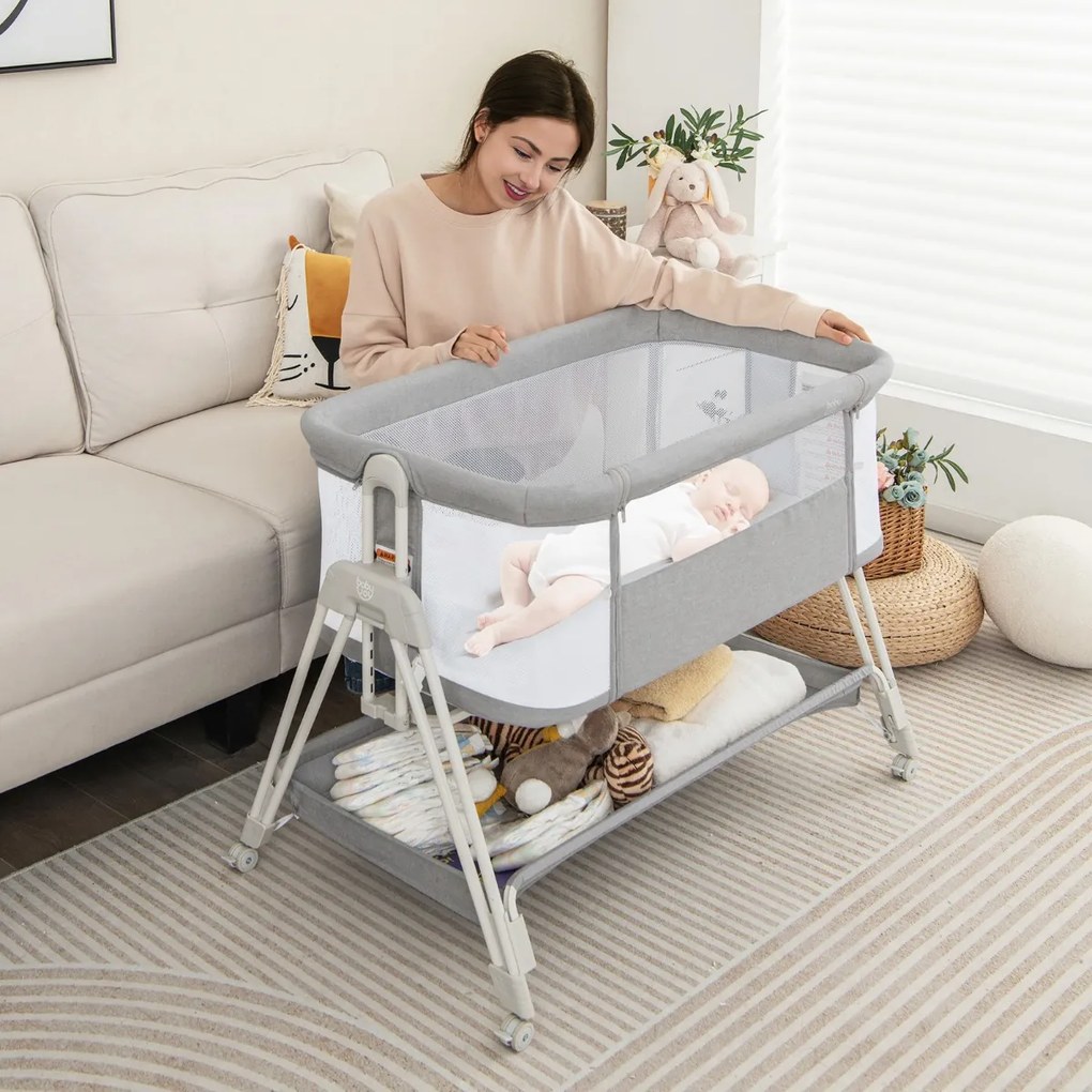 Berço lateral dobrável e portátil para bebés, com 7 alturas ajustáveis, colchão confortável e prateleira de arrumação, 97 x 56 x 86,5 cm, cinzento