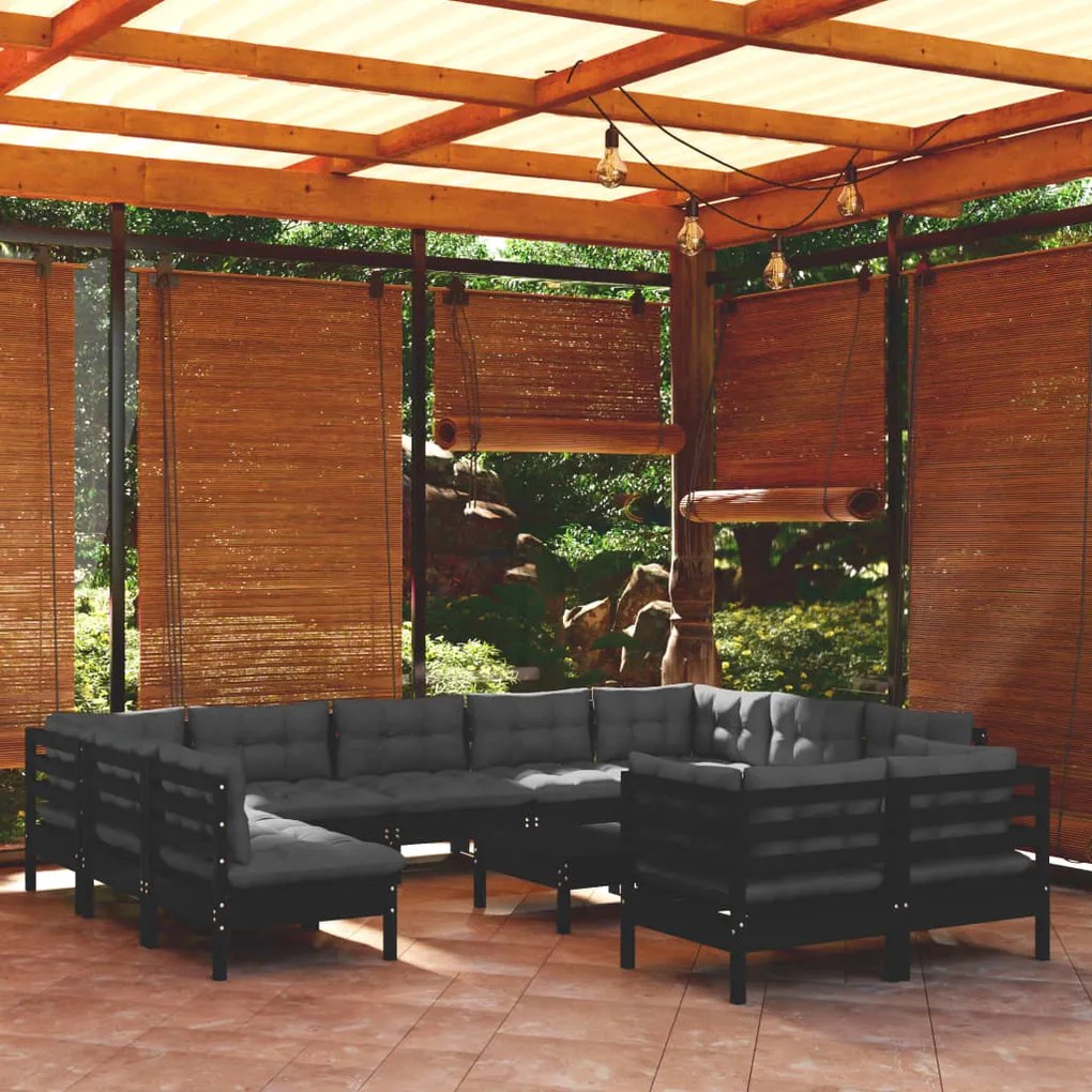 vidaXL 12 pcs conjunto lounge jardim c/ almofadões pinho maciço preto