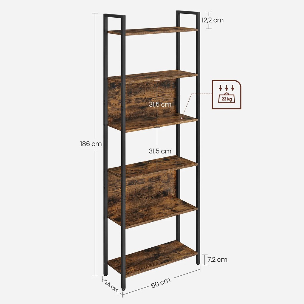 Estante com compartimentos abertos 60 x 24 x 186 cm Castanho Vintage-preto