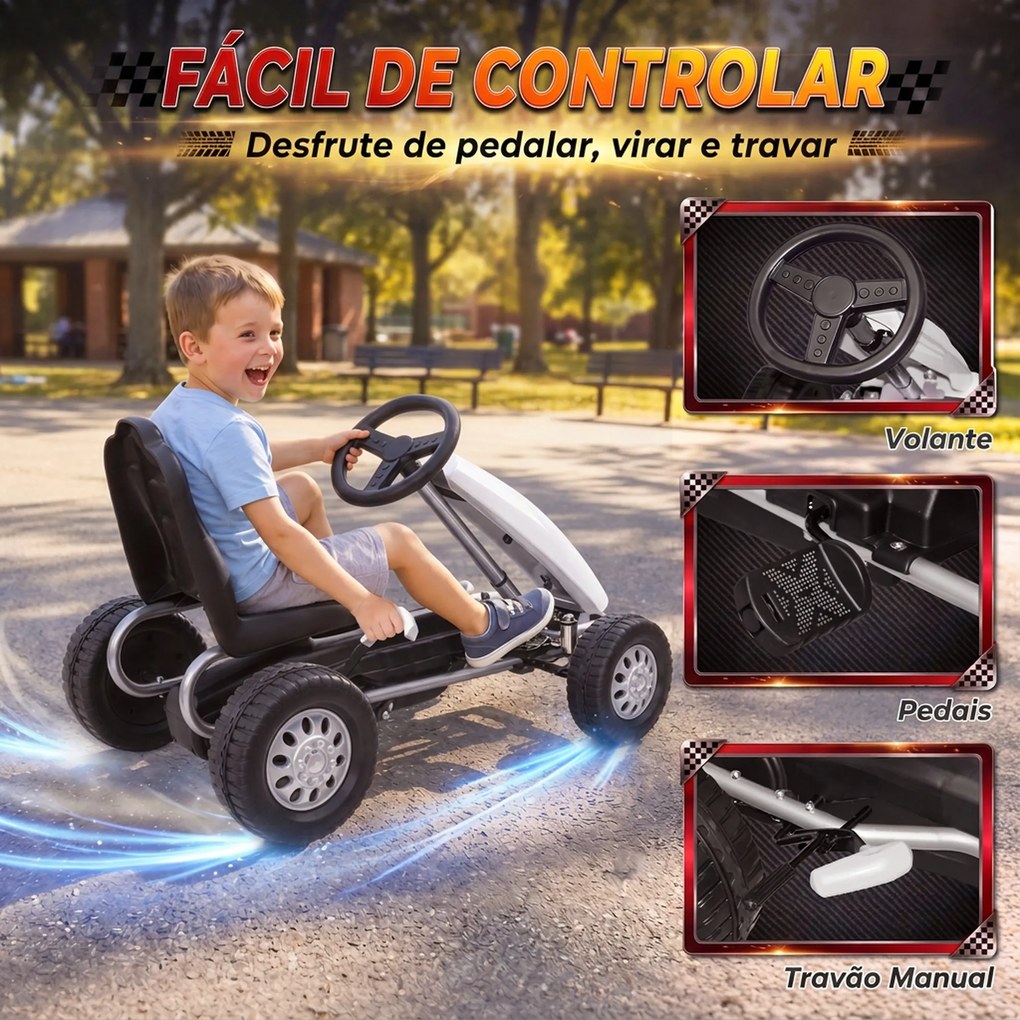Kart a Pedais para Crianças +3 Anos com Assento Ajustável, Volante, Travão de Mão, Estrutura em Alumínio e Aço, 30 kg, Branco