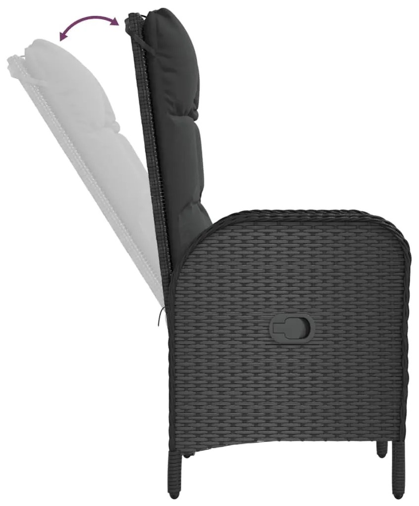 3 pcs conjunto de jantar p/ jardim c/ almofadões vime PE preto