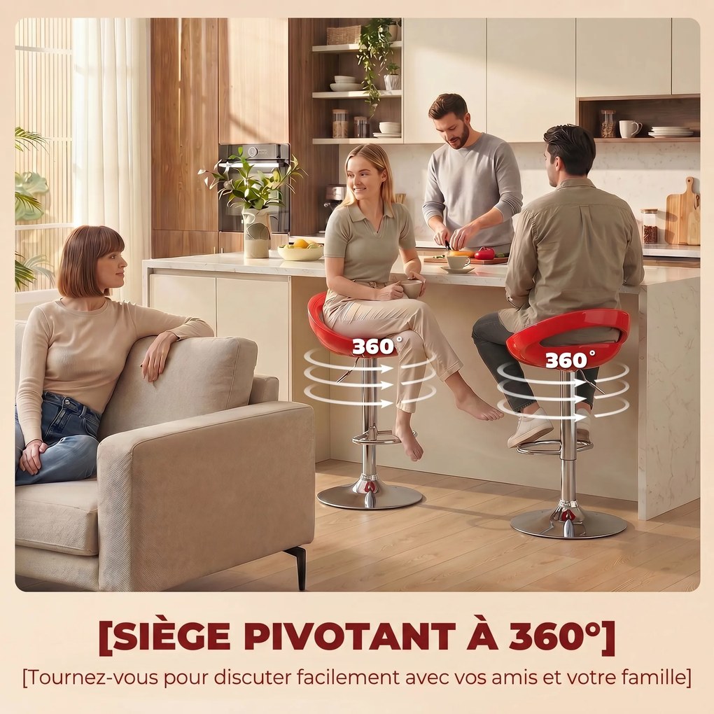 Conjunto de 2 bancos de bar com altura ajustável, encosto e apoio para os pés giratórios a 360°, 46x41x76-96 cm, vermelho