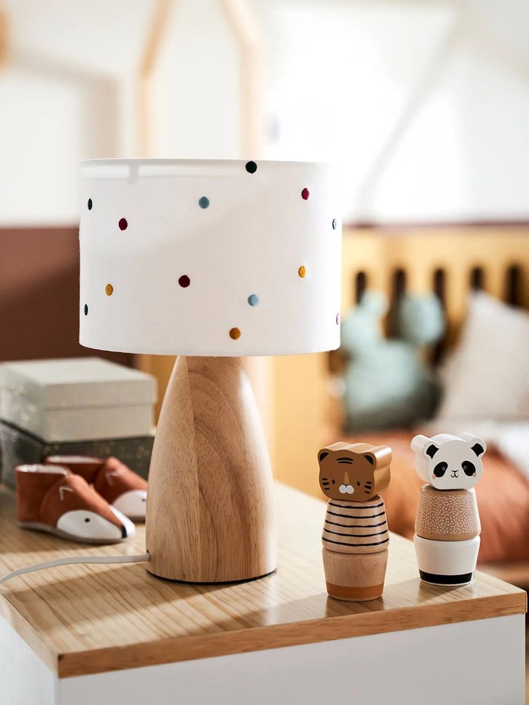 Candeeiro de mesa com bolas bordadas bege claro liso com motivo