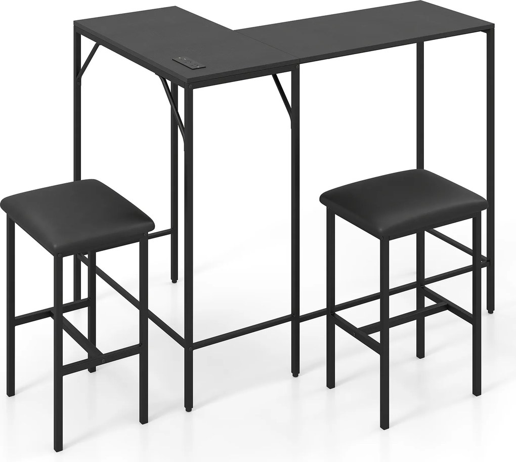 Conjunto de Mesa de Bar e 2 Cadeiras, 120 x 80 x 98 cm, Estação de Carregamento Integrada, Preto