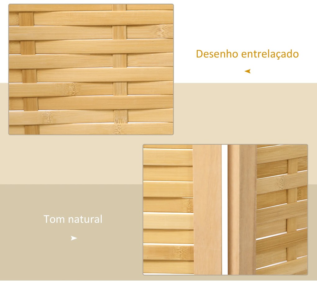 Biombo de 3 Paineis Separador de Ambientes Dobrável 120x1,8x170 cm Divisor de Ambientes com Padrão Tecido em Bambu Madeira